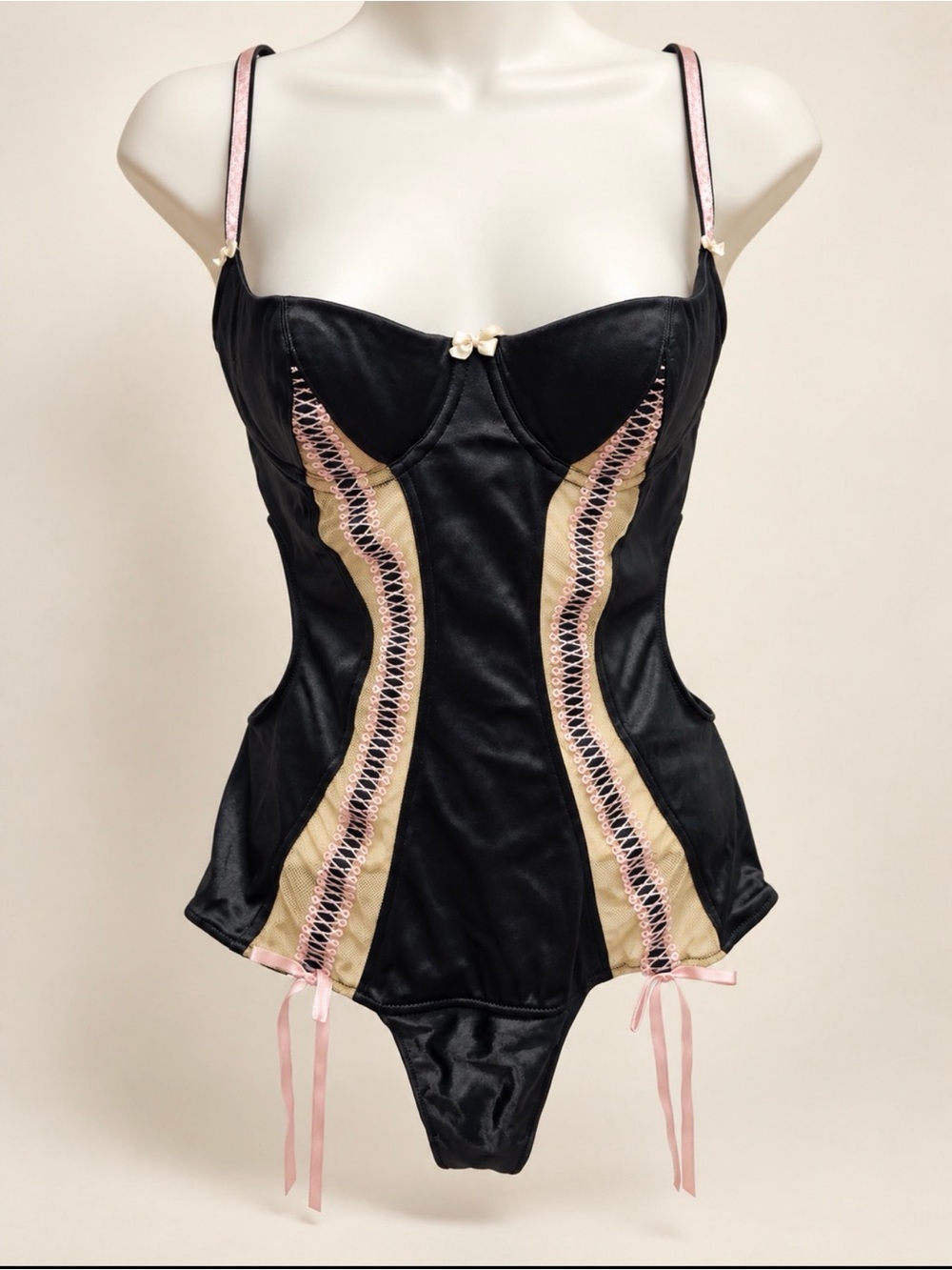 Victoria's Secret Black satin teddy with Pink embroidered Accents size m
